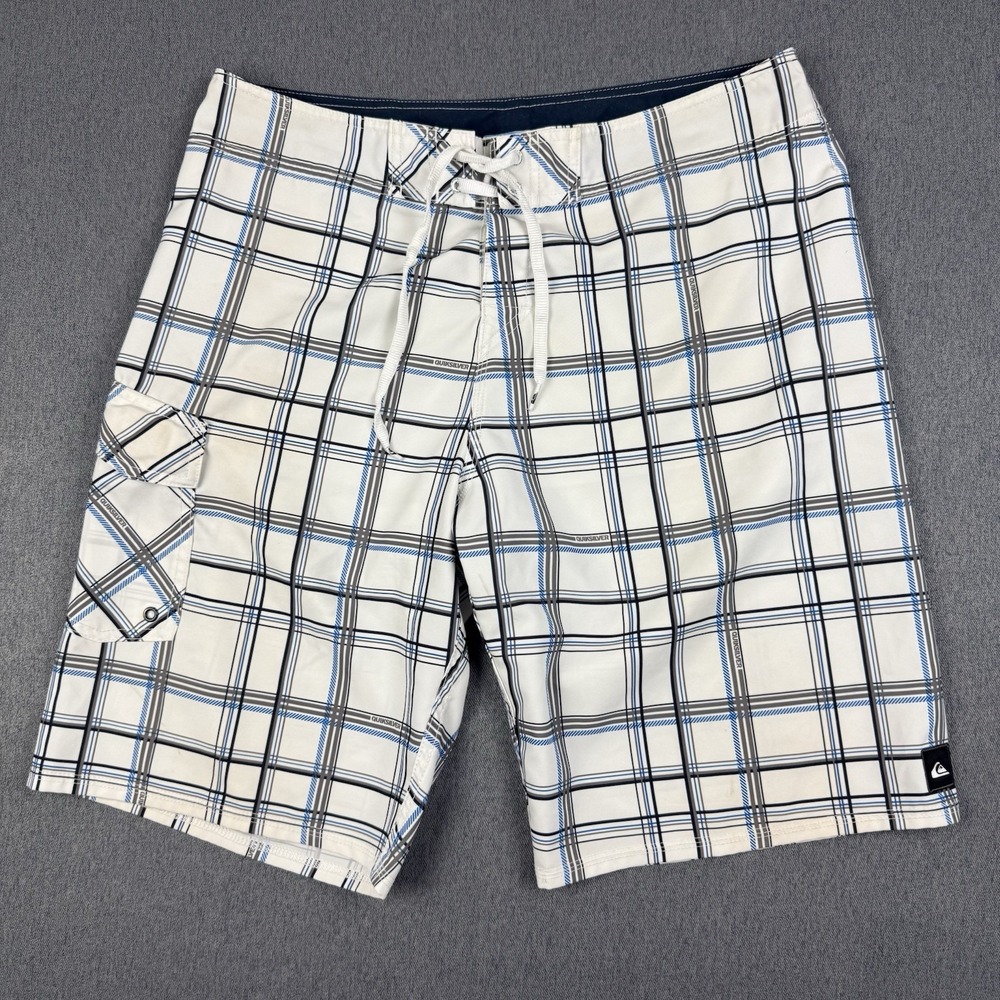 Quiksilver Plaid Boardshorts Mens 36 White Blue Vintage Y2K Skater Q101404